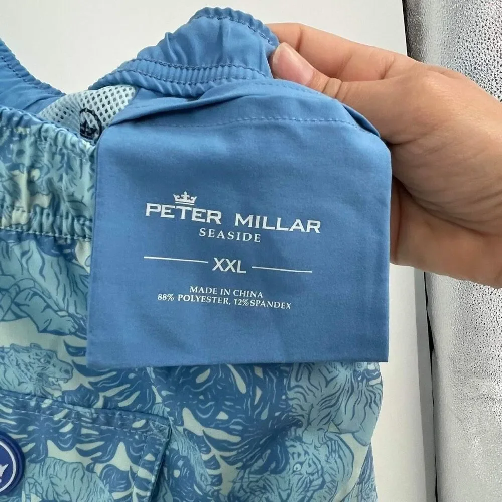 Peter Millar Men's Seascape Tiger Leaf Print Swim Trunk‎ Shorts Blue Size XXL 8”
